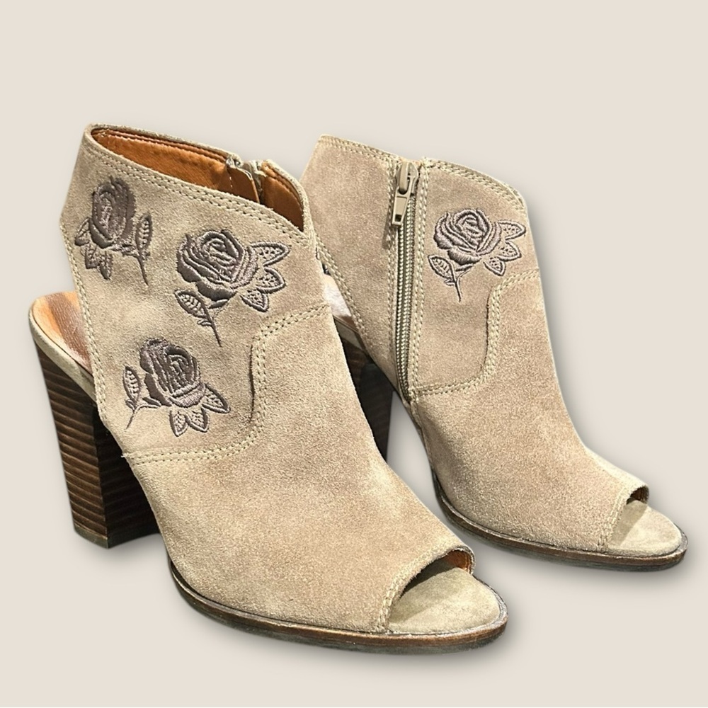 Lucky Brand Tan Peep-Toe Booties with Floral Embroidery